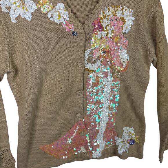 Storybook Knits Alphonse Muchas Flower Sequin Cardigan Sweater Tan Beige Small - Picture 3 of 8